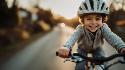 A child confidently riding a bicycle on an empty road, wearing protective gear including a helmet. The background hints at a serene suburban setting with soft natural light.