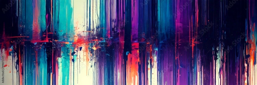 Poster an abstract painting featuring vertical lines in various colors, creating a dynamic and visually striking composition
