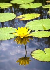 A vibrant yellow water lily blooms amidst a tranquil pond, its reflection mirrored in the still water
