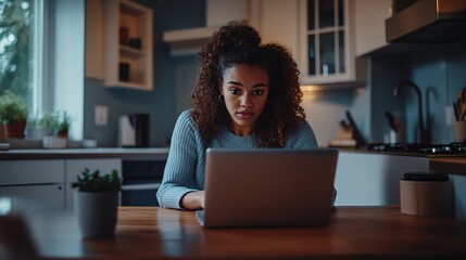 Young Woman Working at Kitchen Table with Laptop