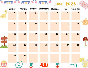 Calendar of June  2025 for Kid and childern so cute Orange Color