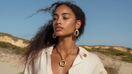 Elegant gold jewelry on woman in natural beach setting for fashion and lifestyle