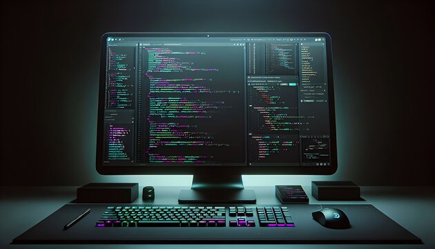 programmer desk with computer monitor and code on screen