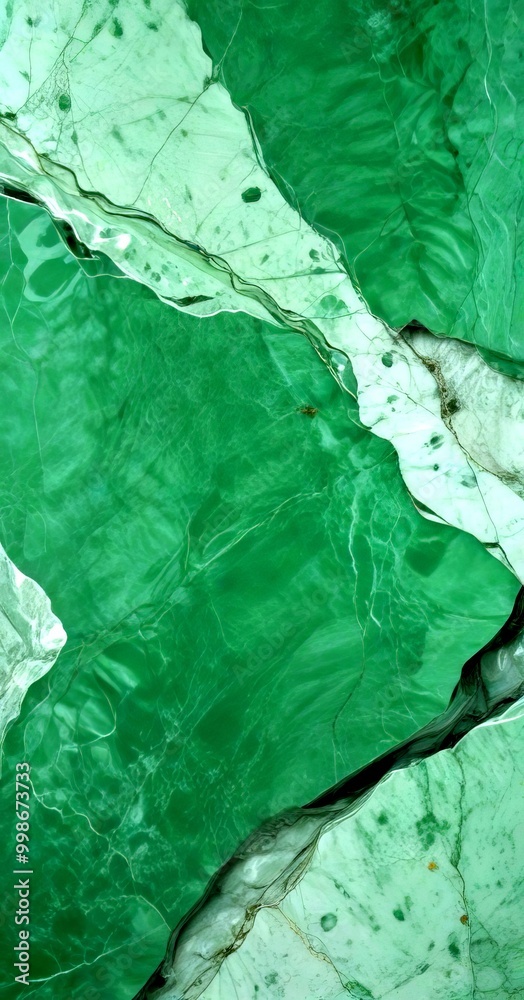 Poster a close-up view marble surface with a greenish-blue hue, featuring a pattern of cracks and crevices