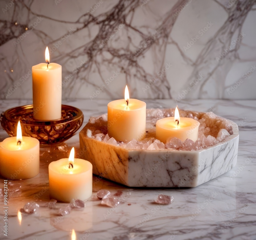 Poster four white candles with flickering flames are arranged in a circular formation on a marble surface, 