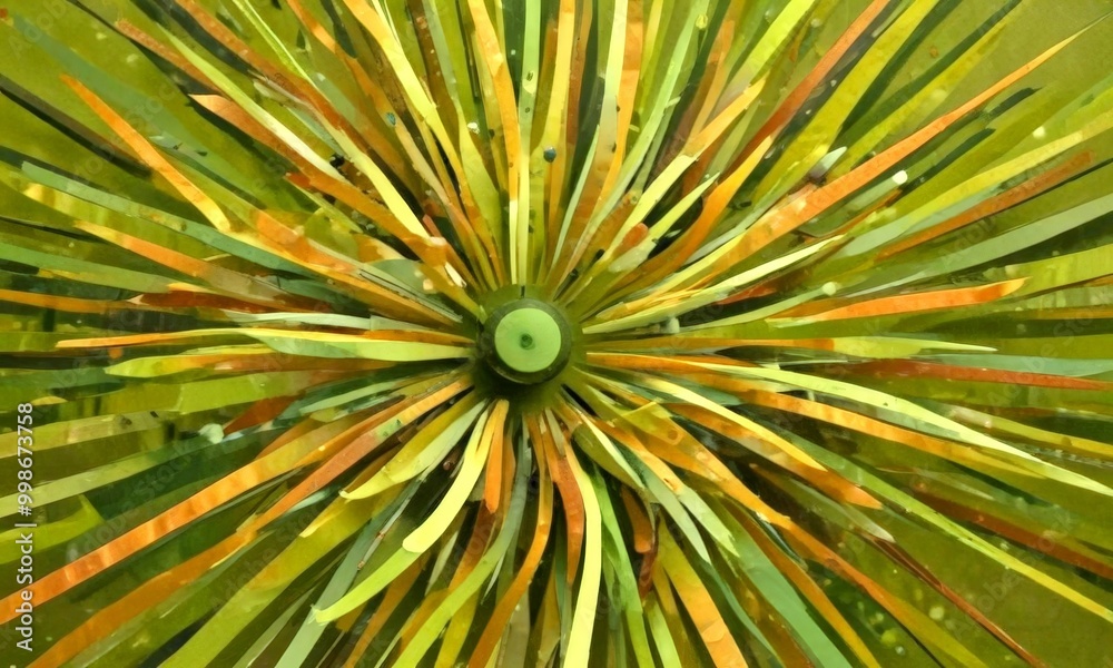 Poster a close-up view vibrant, abstract floral pattern composed of numerous thin, overlapping green and ye