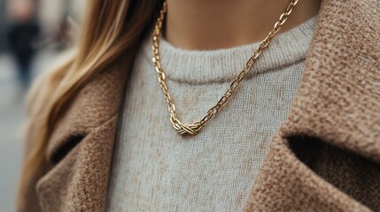Elegant gold necklace on textured knit sweater for fashion prints and jewelry promotion