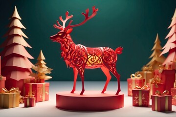 Abstract paper cut reindeer animal portrait with christmas decoration illustration, winter holiday seasonal theme concept texture design. 
