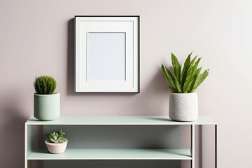 A mock-up frame displayed on a shelf surrounded by various plants, creating a serene and stylish atmosphere