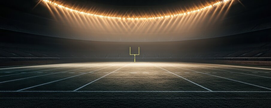 An empty football stadium illuminated by bright lights, featuring a goal post on the field, ready for an exciting game.