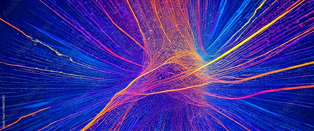 Poster a vibrant abstract composition of intersecting lines and curves in various shades of blue, purple, orange, and yellow, creating a dynamic and visually striking effect