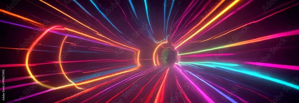 Poster a vibrant, abstract representation tunnel or passage, with colorful lines and rays emanating from the center, creating a sense of depth and movement