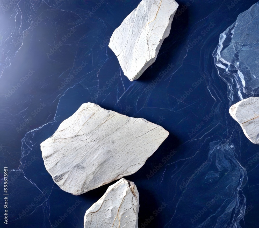 Poster a collection of white, jagged rocks arranged on a dark blue background, with a subtle pattern of lin