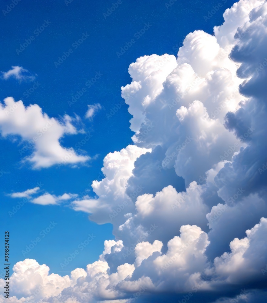 Poster a vast expanse of fluffy white clouds stretches across the clear blue sky, creating a serene and tra