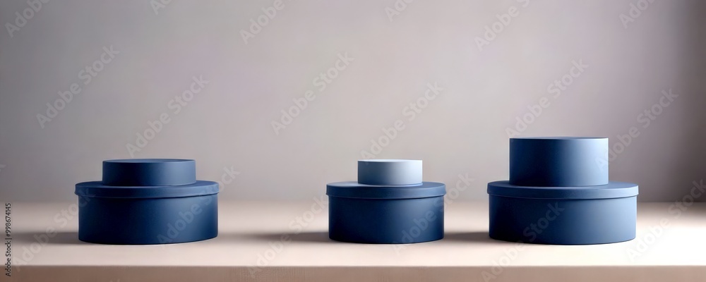 Poster Three identical gray cylindrical containers with rounded tops are arranged in a row on a light-colored surface against a neutral gray background