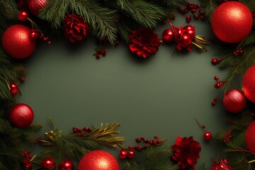 Christmas wreath adorned with red balls and pine cones, set against a dark background, creating a festive atmosphere