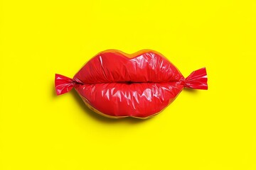 Bold candy-like lips create a playful contrast against a bright yellow backdrop, evoking a sense of whimsy and fun