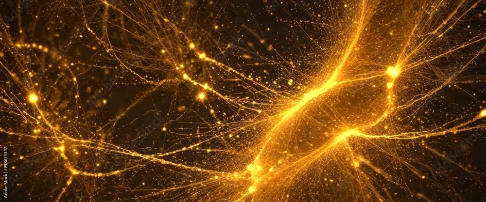 Aufkleber a complex network of golden lines and dots, resembling a web or a network of interconnected nodes, against a dark background The lines and dots are
