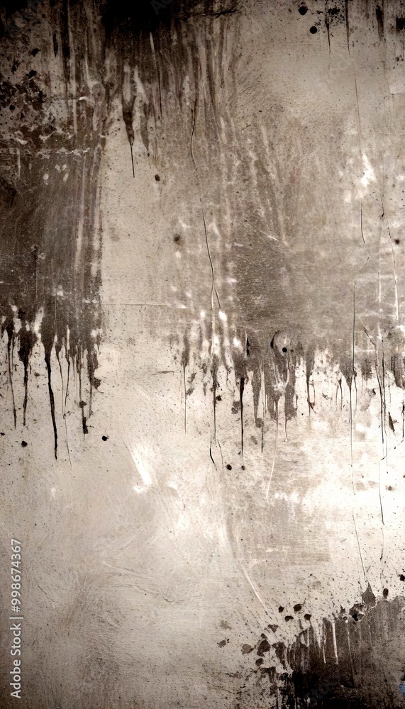 Poster a textured, weathered concrete surface with a dark, grungy appearance The surface is marked with vertical lines and drips of paint, creating a sense of depth and dimension