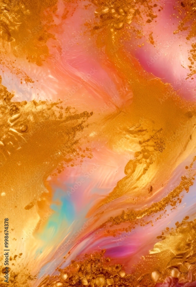 Aufkleber a vibrant abstract pattern with a mix of pink, orange, and gold colors, along with some white and brown elements The pattern appears to be created using a technique