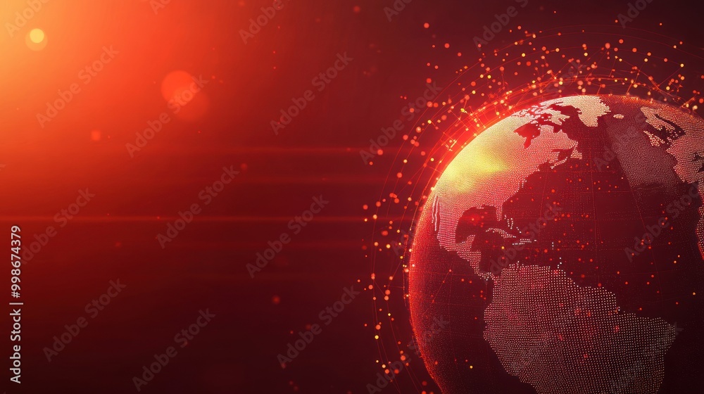 Poster red glowing globe with light flares and a network connection.
