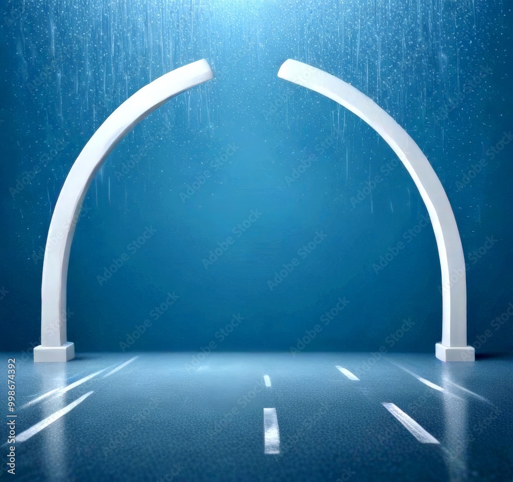 Poster a minimalist architectural scene with two white arches standing on either side gray road, creating a sense of symmetry and balance
