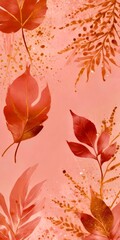 Obraz premium a pink background with gold leaf and plant designs scattered throughout, creating a visually appealing and nature-inspired aesthetic