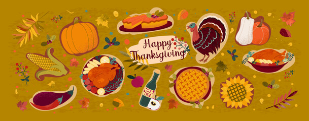 Happy thanksgiving. Festive banner with harvest symbols and traditional dishes. Roast turkey, pumpkin pie.