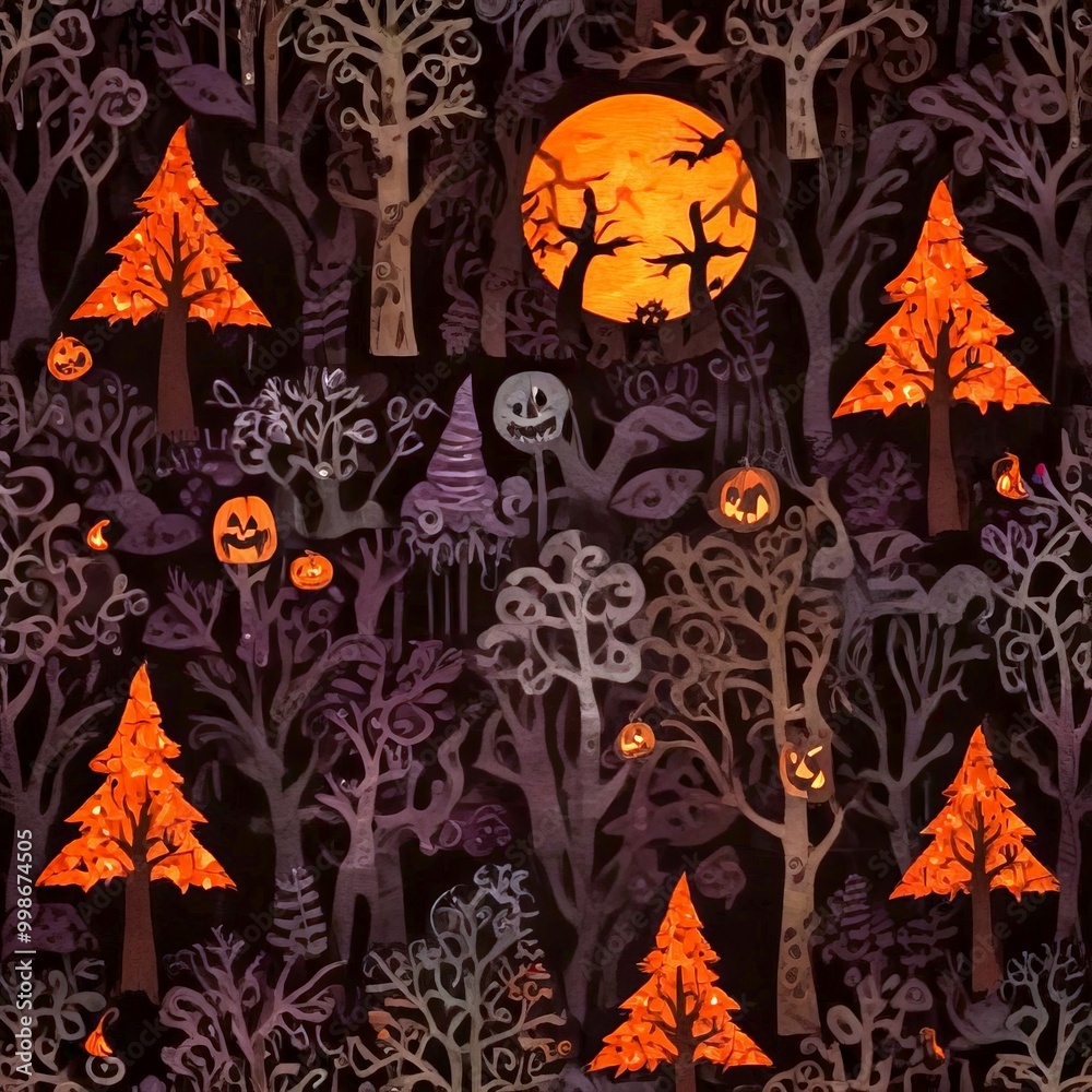 Poster a repeating pattern featuring a dark forest with silhouetted trees, jack-o'-lanterns, and a full moo