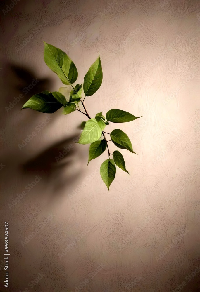 Poster A single green leaf with a small stem is positioned diagonally across a gray background, casting a shadow on the right side