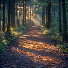 Fototapeta premium Tranquil Tree Lined Path in Peaceful Forest Landscape with Sunlight Filtering Through Branches