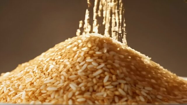Slowmotion macro footage brown cane sugar pouring pile highlighting dangers excessive consumption can contribute alth sues such obesity diabetes modern