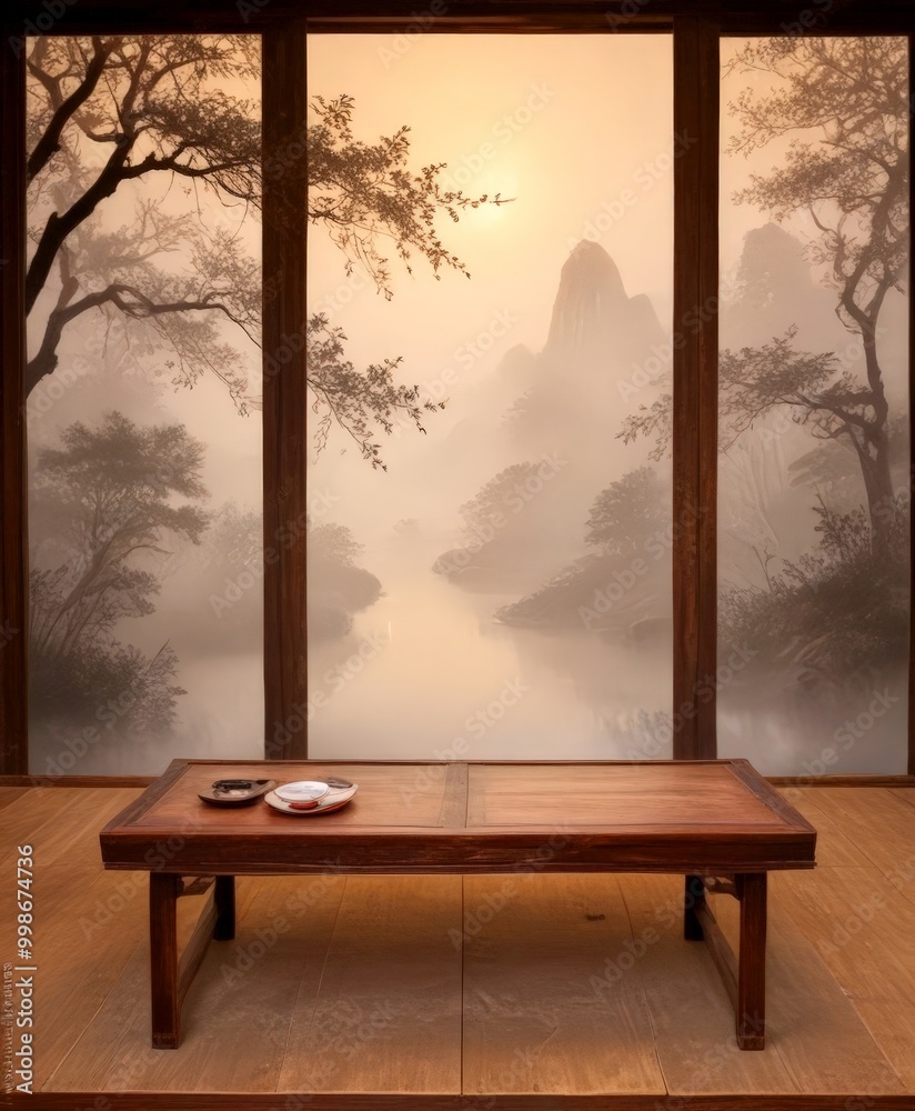 Poster a serene indoor setting with a wooden table and a plate of food, framed by large windows that offer 