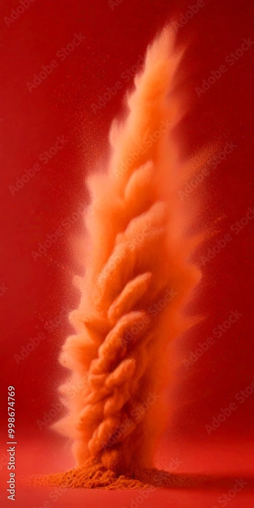 Poster A large cloud of orange powder is captured in mid-air, creating a dramatic and visually striking effect against a deep red background