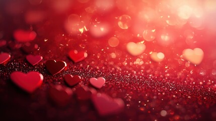 Closeup of red glitter with blurred hearts and bokeh lights, perfect for a romantic background.