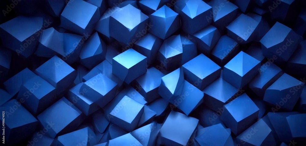 Fototapete a dark blue geometric pattern composed of numerous cubes, each varying in size and shape, creating a visually striking and abstract composition