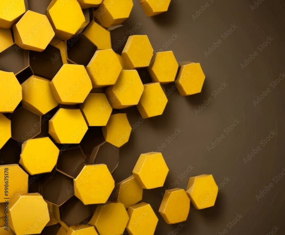 Poster a close-up view collection of yellow hexagonal shapes arranged in a pattern against a dark background