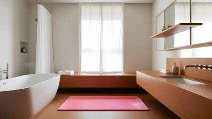 Modern Minimalist Bathroom with Pink Yoga Mat and Wooden Vanity