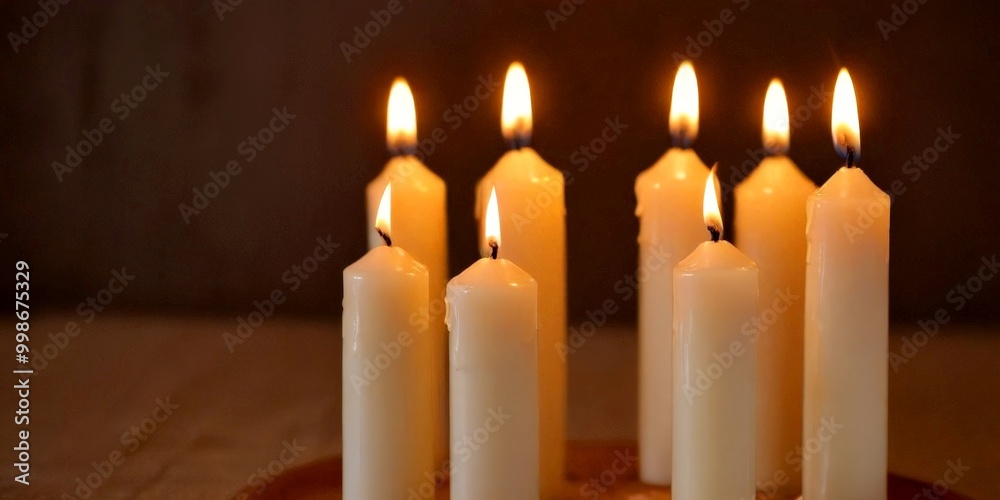 Poster a group of nine white candles with flickering flames arranged in a circular pattern on a wooden surf