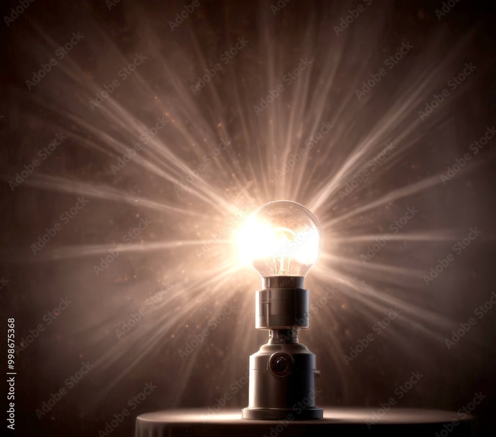 Poster a vintage-style lamp with a glowing bulb stands on a table, surrounded by a radiant burst of light a