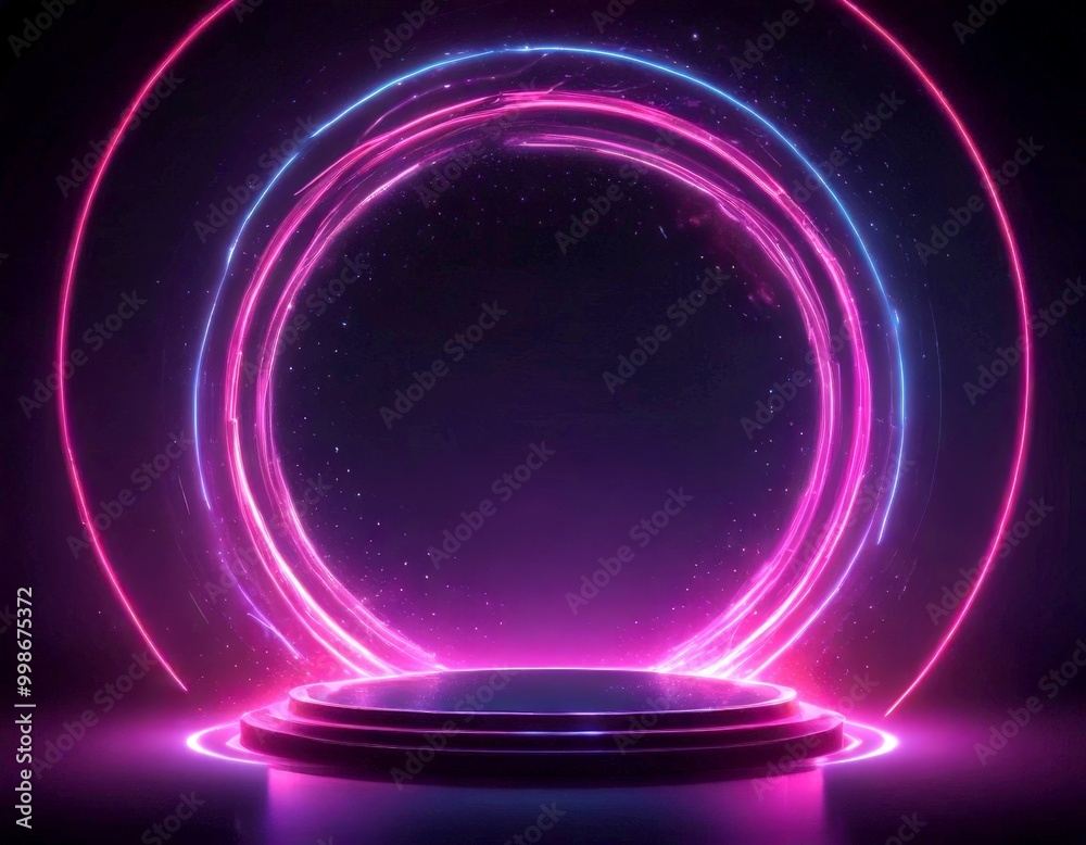 Aufkleber a futuristic stage with a circular platform and glowing rings of neon lights against a dark backgrou