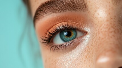 Minimalist aqua makeup look on freckled skin with neutral background for beauty inspiration