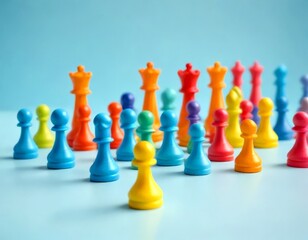 A collection of colorful chess pieces, including a king, queen, pawns, and other pieces, arranged on a light blue background