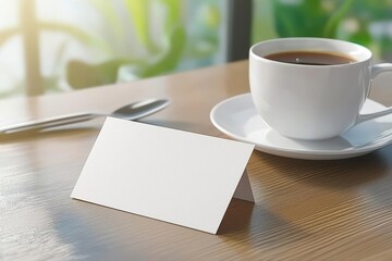 Coffee cup with an empty card on a wooden table, bright ambiance, perfect for personal notes.