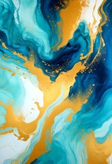 Fototapeta premium an abstract painting featuring swirling patterns of blue, white, and gold colors, creating a dynamic and captivating visual effect