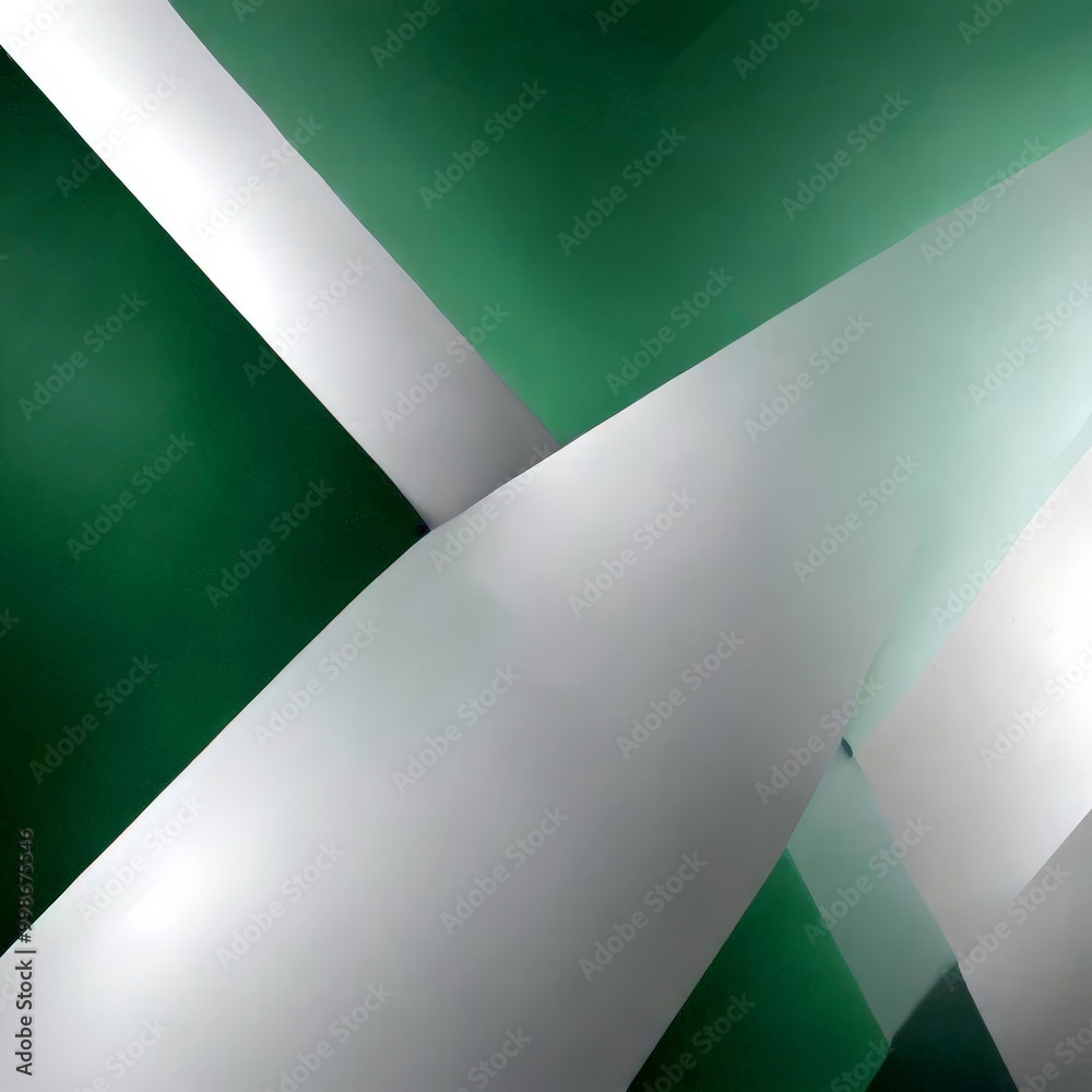 Poster a geometric abstract composition with intersecting lines and shapes in shades of green and white, creating a visually striking and minimalist design