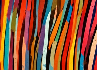 a close-up view vibrant abstract painting, featuring vertical stripes in a variety of colors including red, orange, yellow, green, blue, and purple