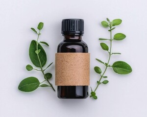 Essential oil bottle surrounded by green leaves on a white background.