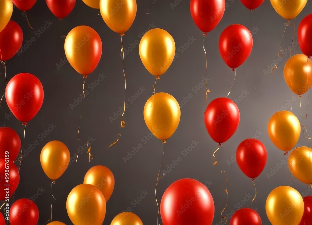 Poster a collection of red and gold balloons floating against a dark background