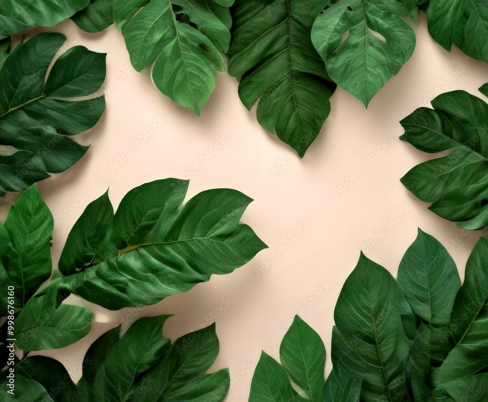 Poster a collection of large, dark green leaves arranged in a circular pattern against a light beige backgr